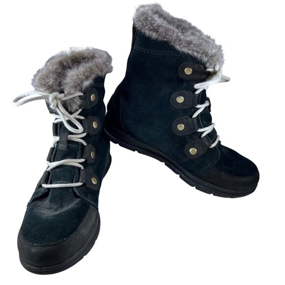 Sorel Shoes - Sorel Explorer Joan Black Suede Womens 8 Waterproof Faux Fur Trimmed Boots